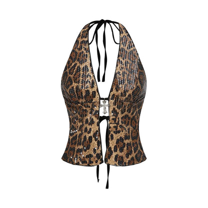 Neck Leopard Print Wild Sexy Hottie Slim Deep V Halter Sleeveless Neck Sexy Vest Ladies Top