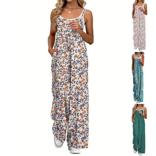 Women's Floral Print Jumpsuit Sleeveless Wide Leg Jumpsuit Adjustable Strap Casual Summer Romper with Pockets