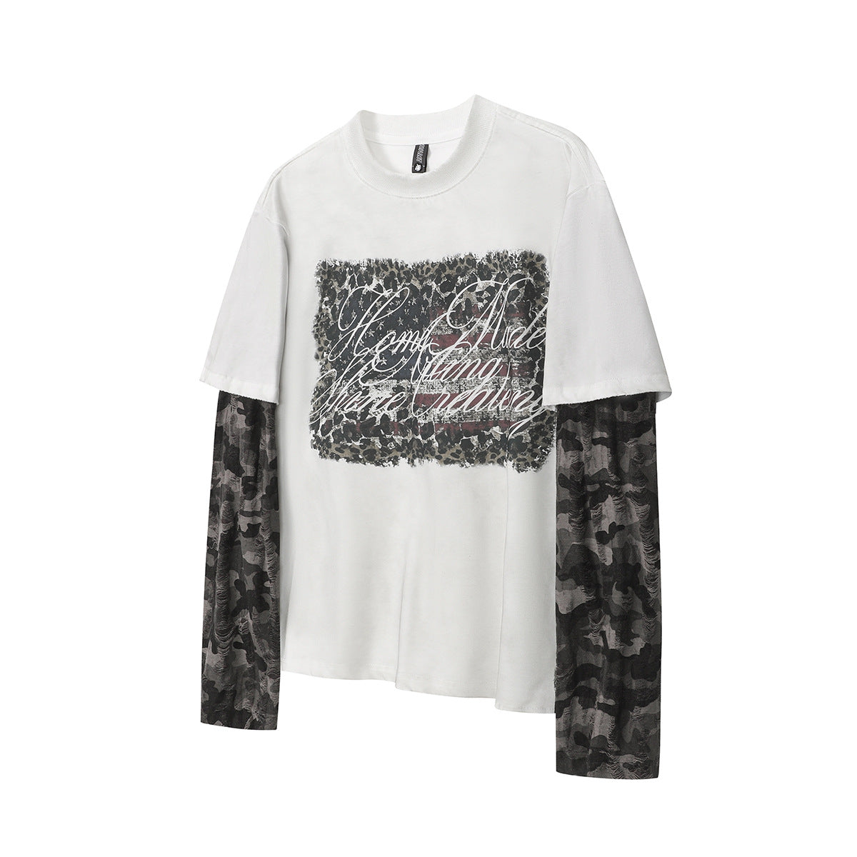 Faux Two-Piece Distressed Camo Sleeve Long Sleeve Tee - Washed Black
