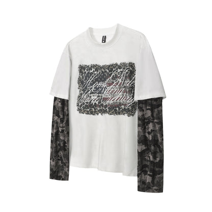 Faux Two-Piece Distressed Camo Sleeve Long Sleeve Tee - Washed Black