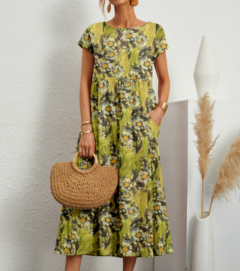 Women's Printed Cotton Linen Maxi Dress Casual Loose Summer Dress - Seldom Seen Styles