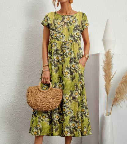 Women's Printed Cotton Linen Maxi Dress Casual Loose Summer Dress