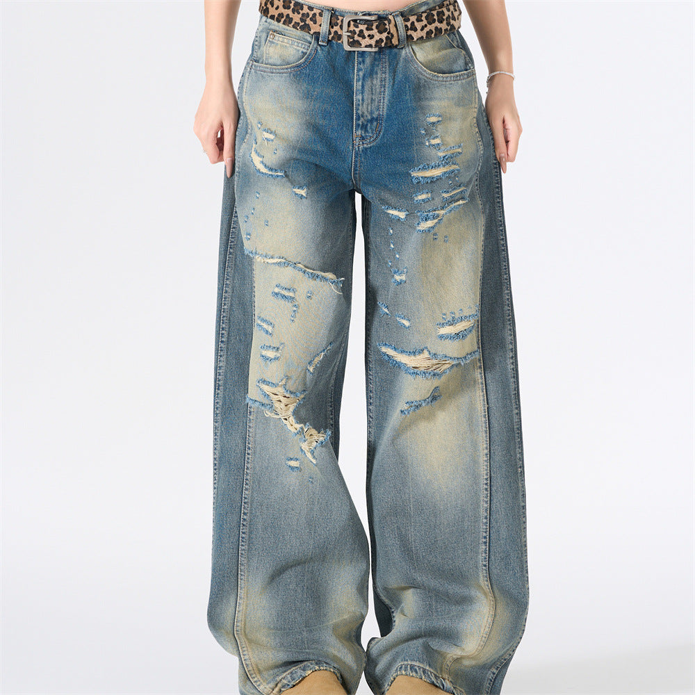 Distressed Gradient Washed Denim Wide Leg Pants Loose Straight Deconstruction Patchwork Streetwear Casual Summer Jeans | Fade Rip