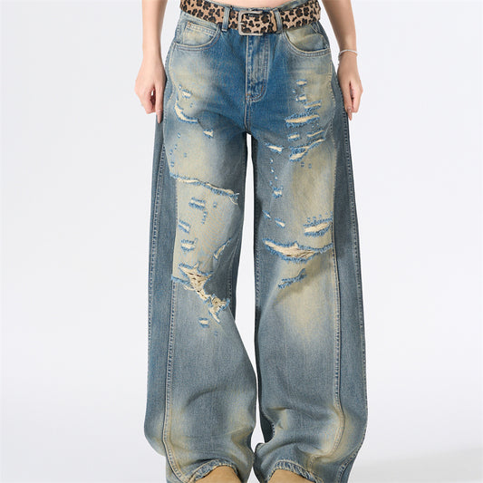 Distressed Gradient Washed Denim Wide Leg Pants Loose Straight Deconstruction Patchwork Streetwear Casual Summer Jeans | Fade Rip