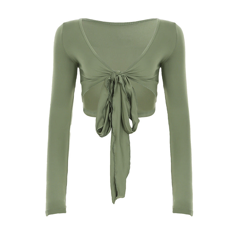 Women's Tie-Front Long Sleeve Crop Top Bold Statement Knotted Front Casual Going Out Party Festival Beach Vacation Top - Seldom Seen Styles