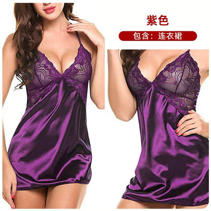 Women's Satin Lace Chemise Nightgown Sexy V Neck Sleep Dress Silk Feel Babydoll Lingerie Nightwear with Adjustable Straps
