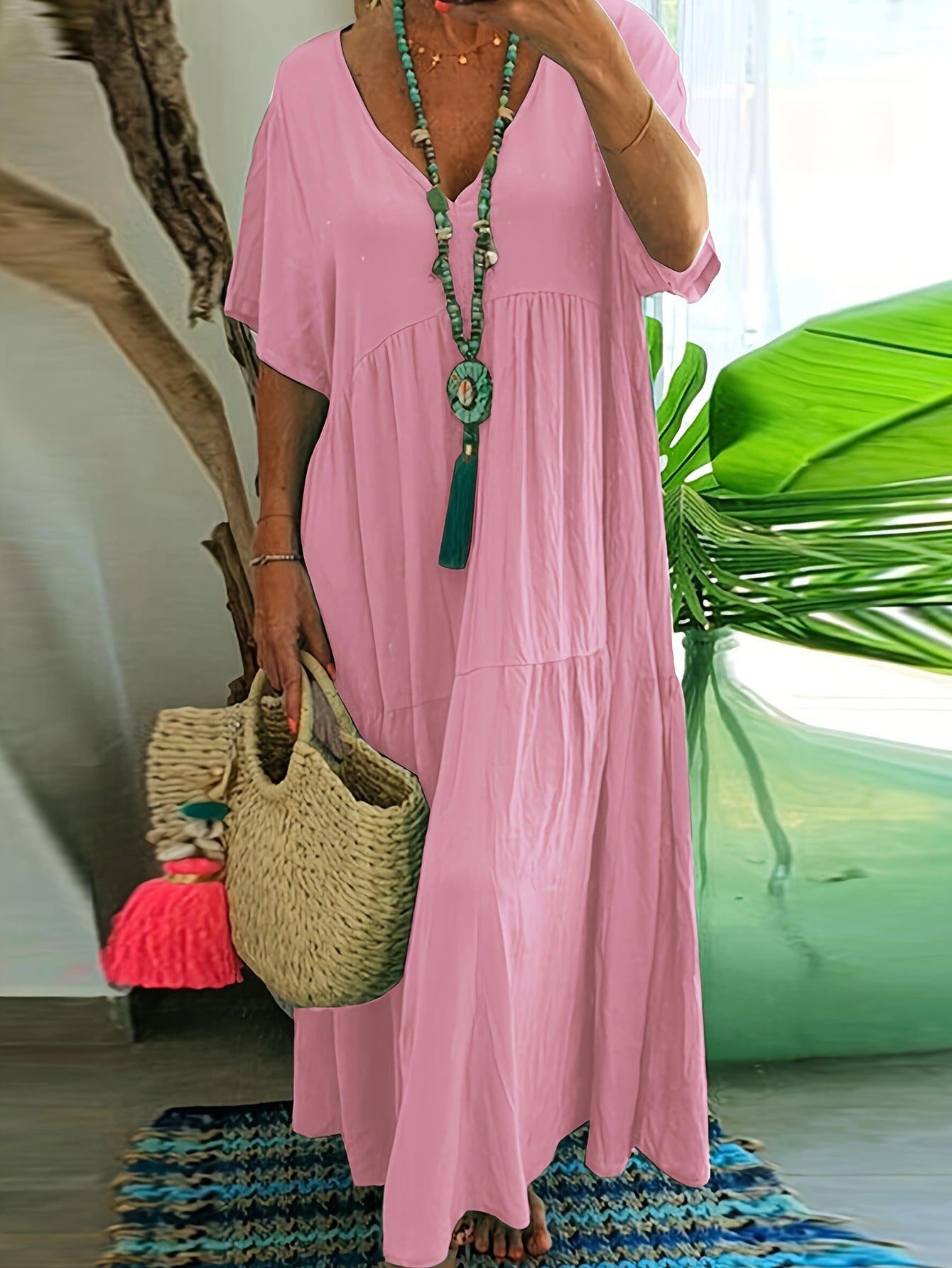 Women's Solid Color Loose V-Neck Short Sleeve Big Swing Maxi Dress Summer Casual Vacation Outfit Plus Size - Seldom Seen Styles