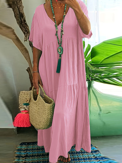 Women's Solid Color Loose V-Neck Short Sleeve Big Swing Maxi Dress Summer Casual Vacation Outfit Plus Size