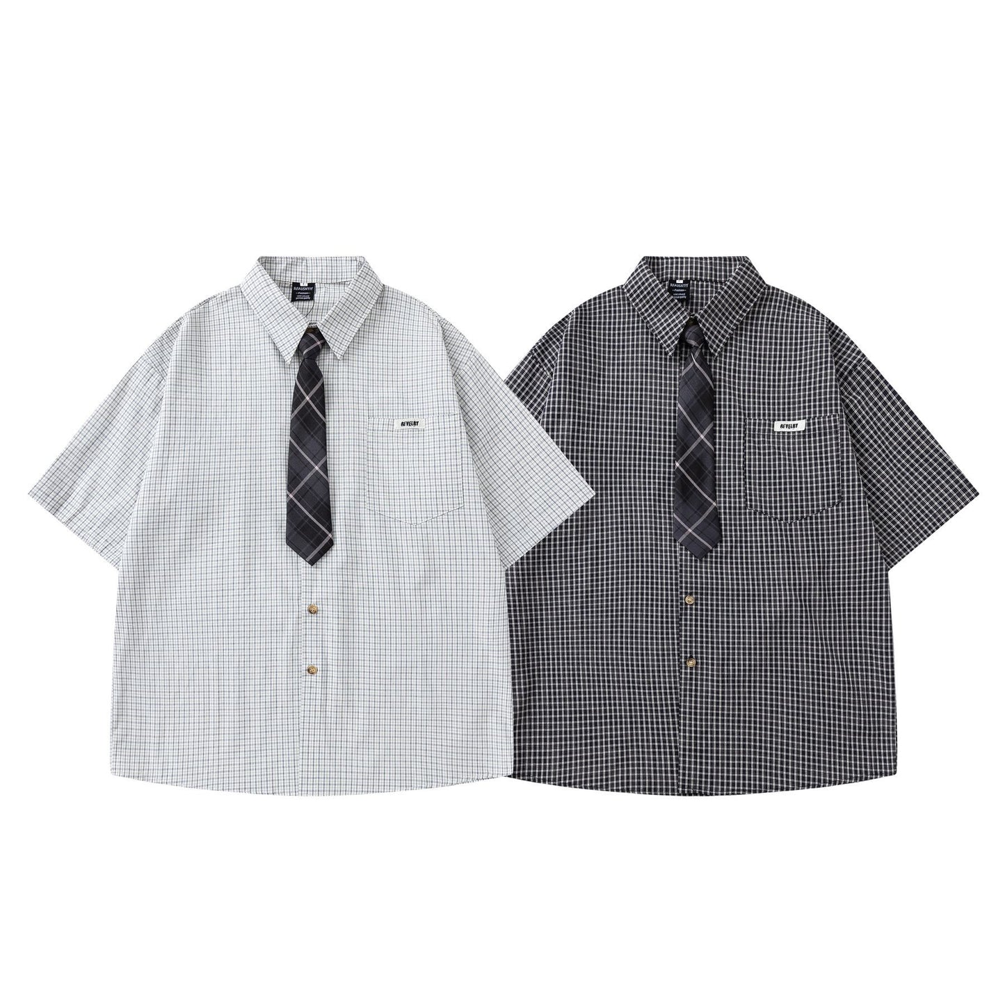 Checkered Short-Sleeve Shirt with Tie 或 Chic Plaid Tie Shirt
