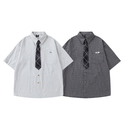 Checkered Short-Sleeve Shirt with Tie 或 Chic Plaid Tie Shirt