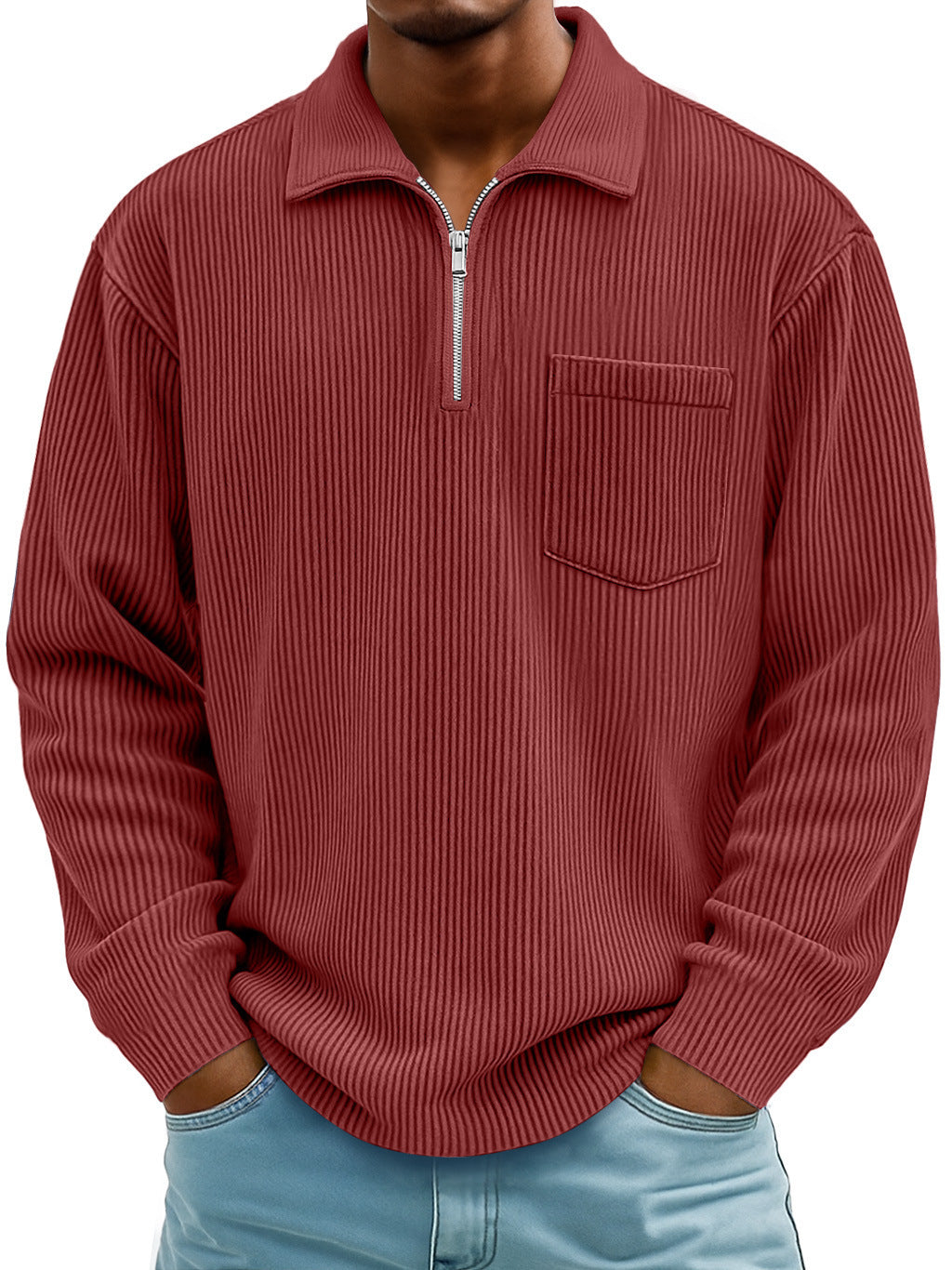 Men's Ribbed Quarter Zip Pullover Sweater Casual Long Sleeve Knit Polo Sweatshirt with Pocket