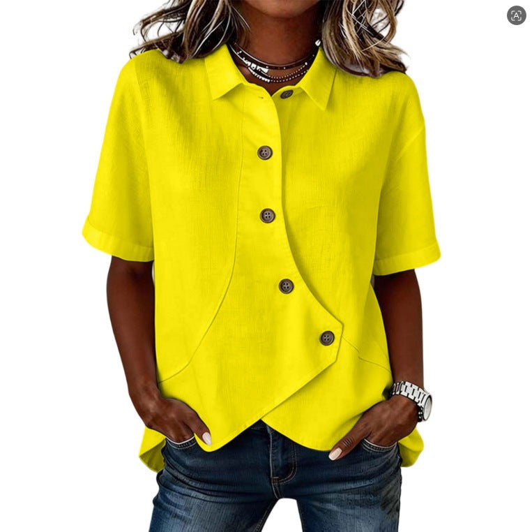 Women's Casual Solid Color Irregular Hem Button Up Short Sleeve Loose Top Summer Vacation Outfit - Seldom Seen Styles