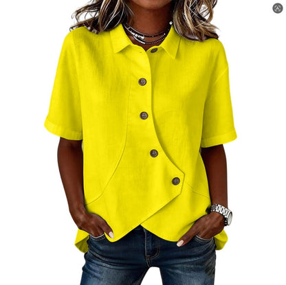Women's Casual Solid Color Irregular Hem Button Up Short Sleeve Loose Top Summer Vacation Outfit