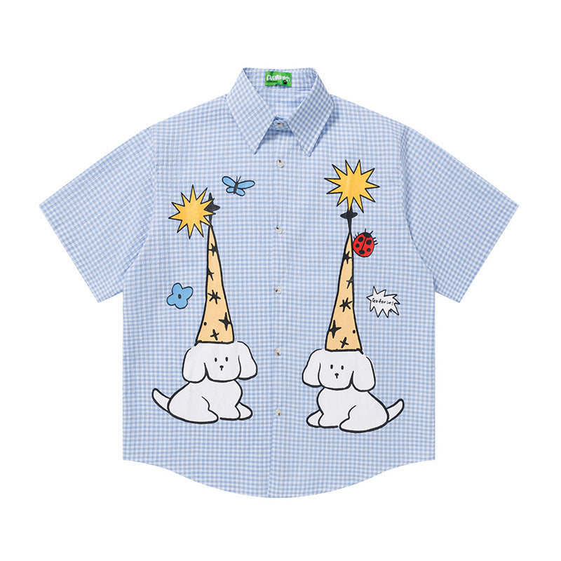 Graphic Dog Giraffe Print Plaid Shirt Short Sleeve Oversized Button Down Casual Summer Streetwear Shirt | Pup Plaid Shirt