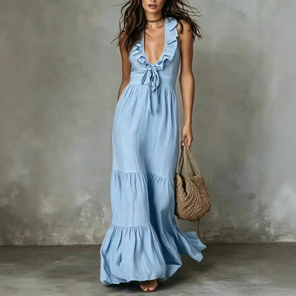 Women's Deep V Neck Ruffle Sleeveless Maxi Dress Loose Fit Casual Summer Beach Dress