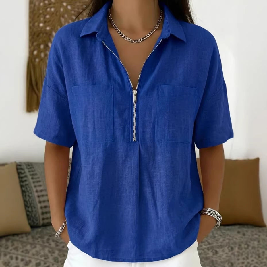 Women's Loose Lapel Short Sleeve Shirt V-Neck Zipper Casual Top Summer Vacation Outfit - Seldom Seen Styles