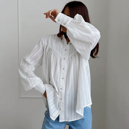 Cotton French shirt long-sleeved women's clothing 2025 spring and summer new simple bubble sleeve top