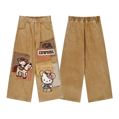 KT Cat Sticker Denim Jeans Wide Leg Loose Fit Heavy Industry Patch Maillard Retro Streetwear Couple Casual Trousers | KT Denim Jeans