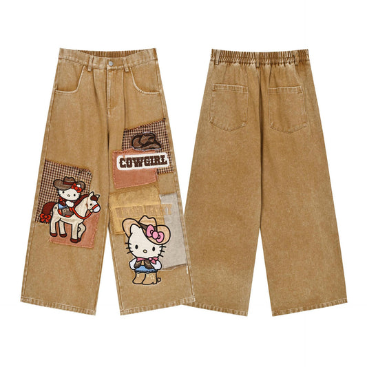 KT Cat Sticker Denim Jeans Wide Leg Loose Fit Heavy Industry Patch Maillard Retro Streetwear Couple Casual Trousers | KT Denim Jeans