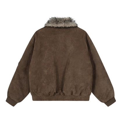 Faux Fur Collar Suede-Texture Buckle Bomber Jacket