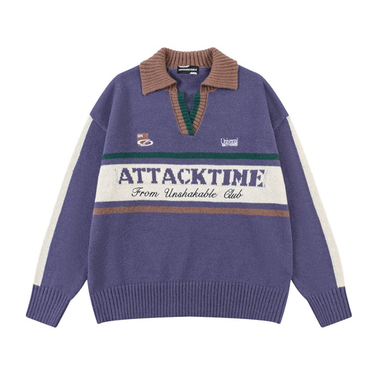 V-Neck Lapel Long Sleeve Color Block Letter Print Knit Sweater Loose Oversized Vintage College Style Autumn Winter Pullover | Attack Knit