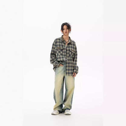 Japanese Retro Patch Splicing Plaid Long Sleeve Shirt Loose Couple Casual Street Trendy | Patch Plaid Shirt