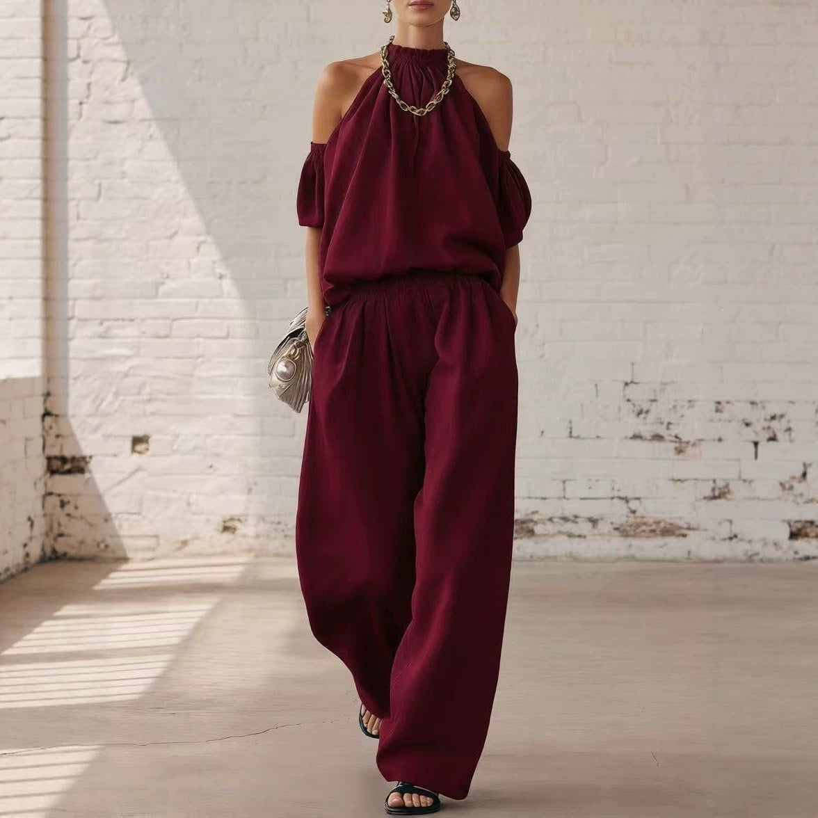 Women's Off Shoulder Top High Waist Wide Leg Pants Casual Two Piece Set Summer Vacation Outfit - Seldom Seen Styles
