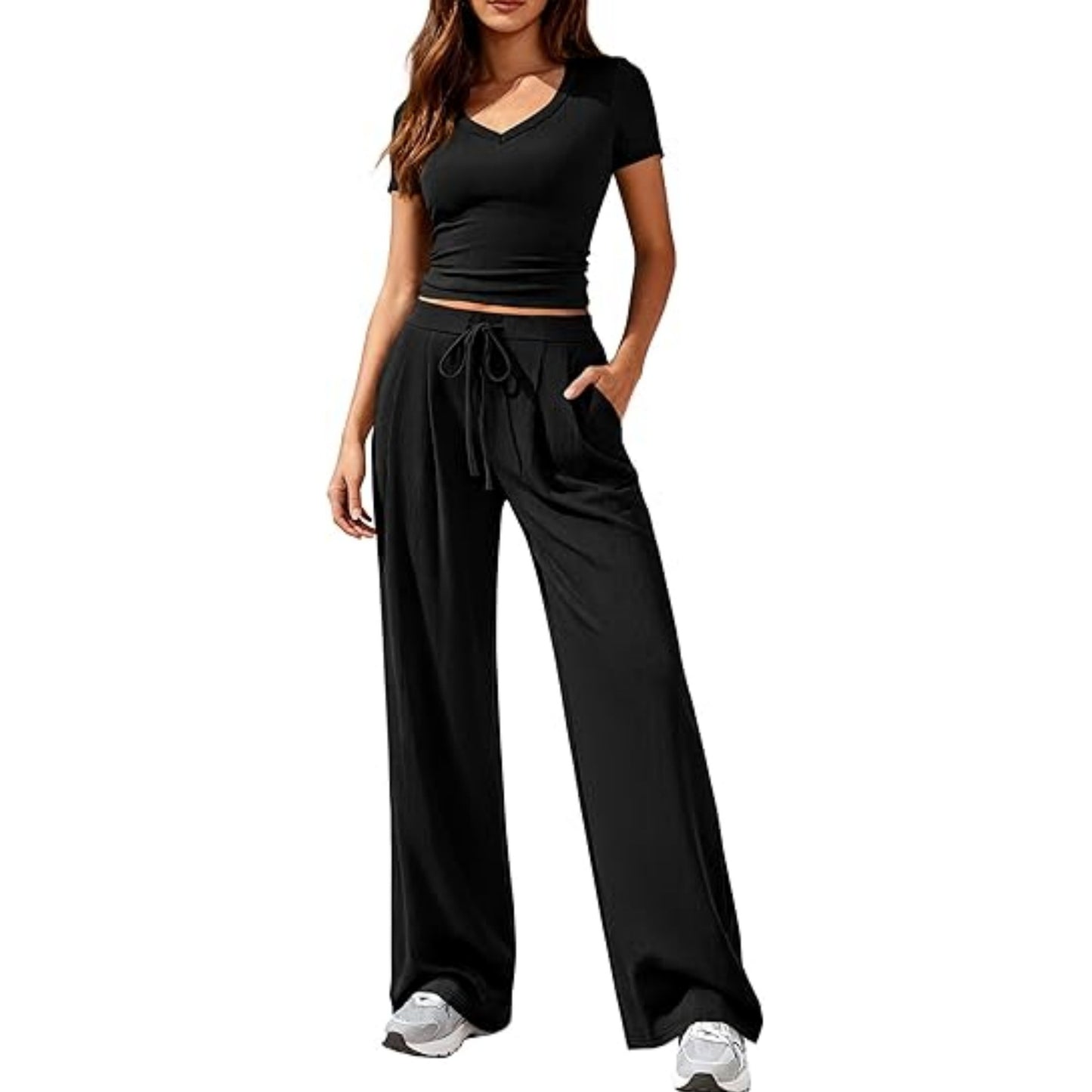 Women's Solid Color V-Neck Top Wide Leg Trousers Two Piece Set Casual Summer Vacation Outfit - Seldom Seen Styles