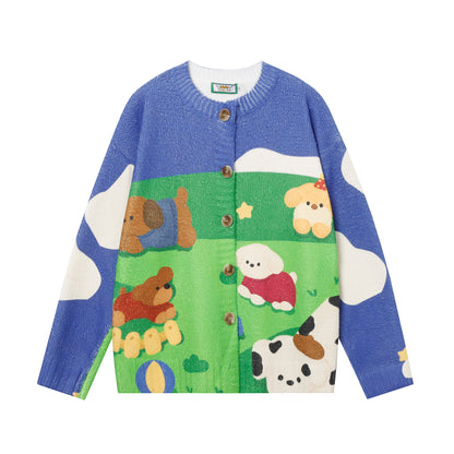 Full Print Cartoon Cardigan Sweater Unisex Loose Fit Cute Kawaii Knit Couple Streetwear Open Front Knitwear | Toon Cardi
