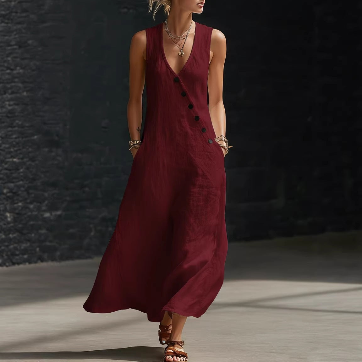 Women's V-Neck Cotton Linen Sleeveless Vest Maxi Dress Casual Summer Beach Vacation Boho Outfit - Seldom Seen Styles