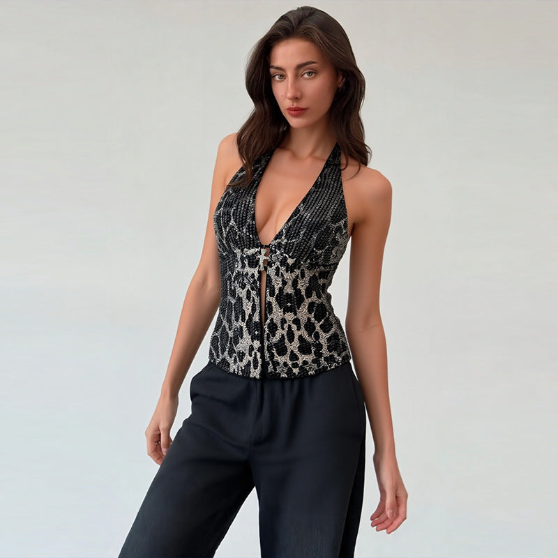 Neck Leopard Print Wild Sexy Hottie Slim Deep V Halter Sleeveless Neck Sexy Vest Ladies Top - Seldom Seen Styles
