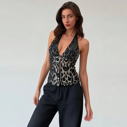 Neck Leopard Print Wild Sexy Hottie Slim Deep V Halter Sleeveless Neck Sexy Vest Ladies Top