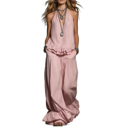 Women's V Neck Ruffle Two Piece Set Casual Loose Fit Top and Shorts Summer Outfit
