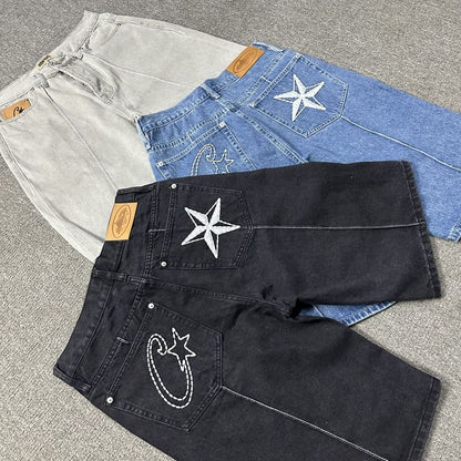 Men's Star Embroidered Denim Shorts Baggy Jorts Loose Fit Streetwear Jean Shorts Y2K Skate Shorts