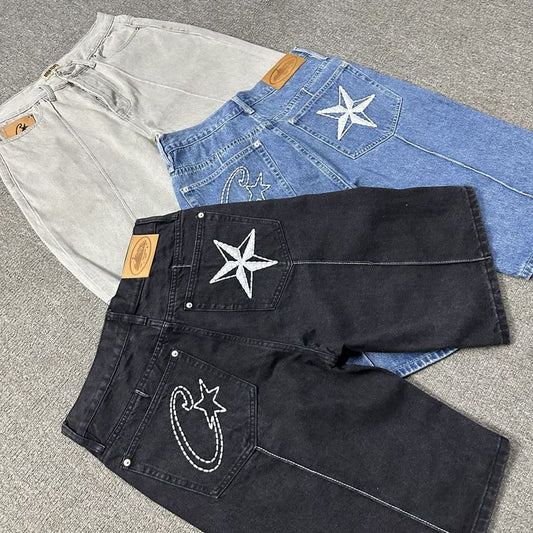 Men's Star Embroidered Denim Shorts Baggy Jorts Loose Fit Streetwear Jean Shorts Y2K Skate Shorts