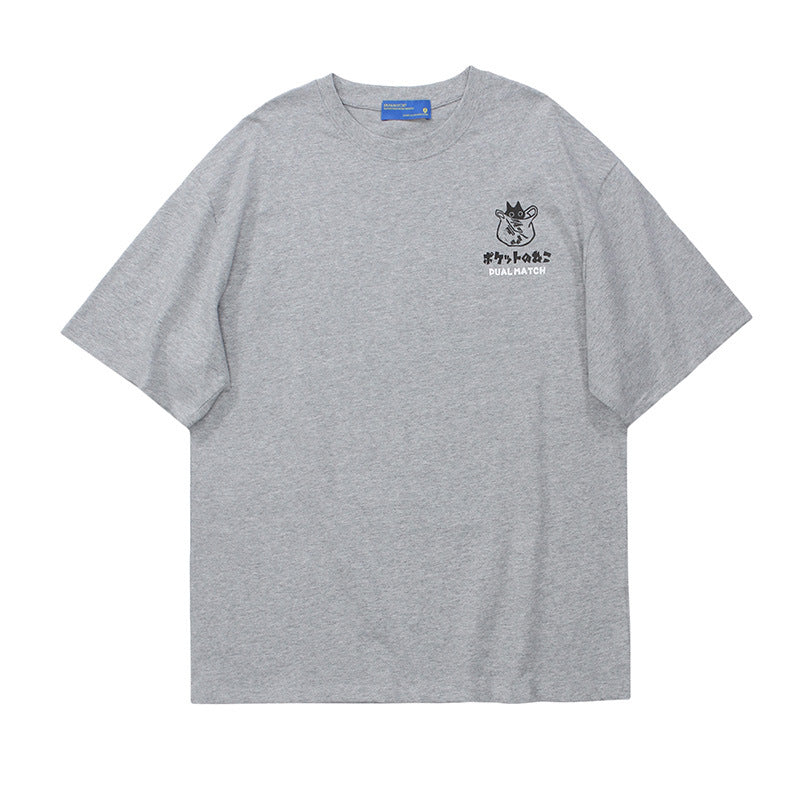 Crew Neck Short Sleeve Japanese Graffiti Cat Back Print T-Shirt Loose Oversized Retro Streetwear Casual Summer Top | Pocket Neko