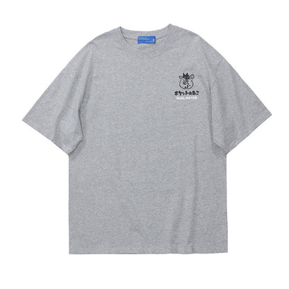 Crew Neck Short Sleeve Japanese Graffiti Cat Back Print T-Shirt Loose Oversized Retro Streetwear Casual Summer Top | Pocket Neko