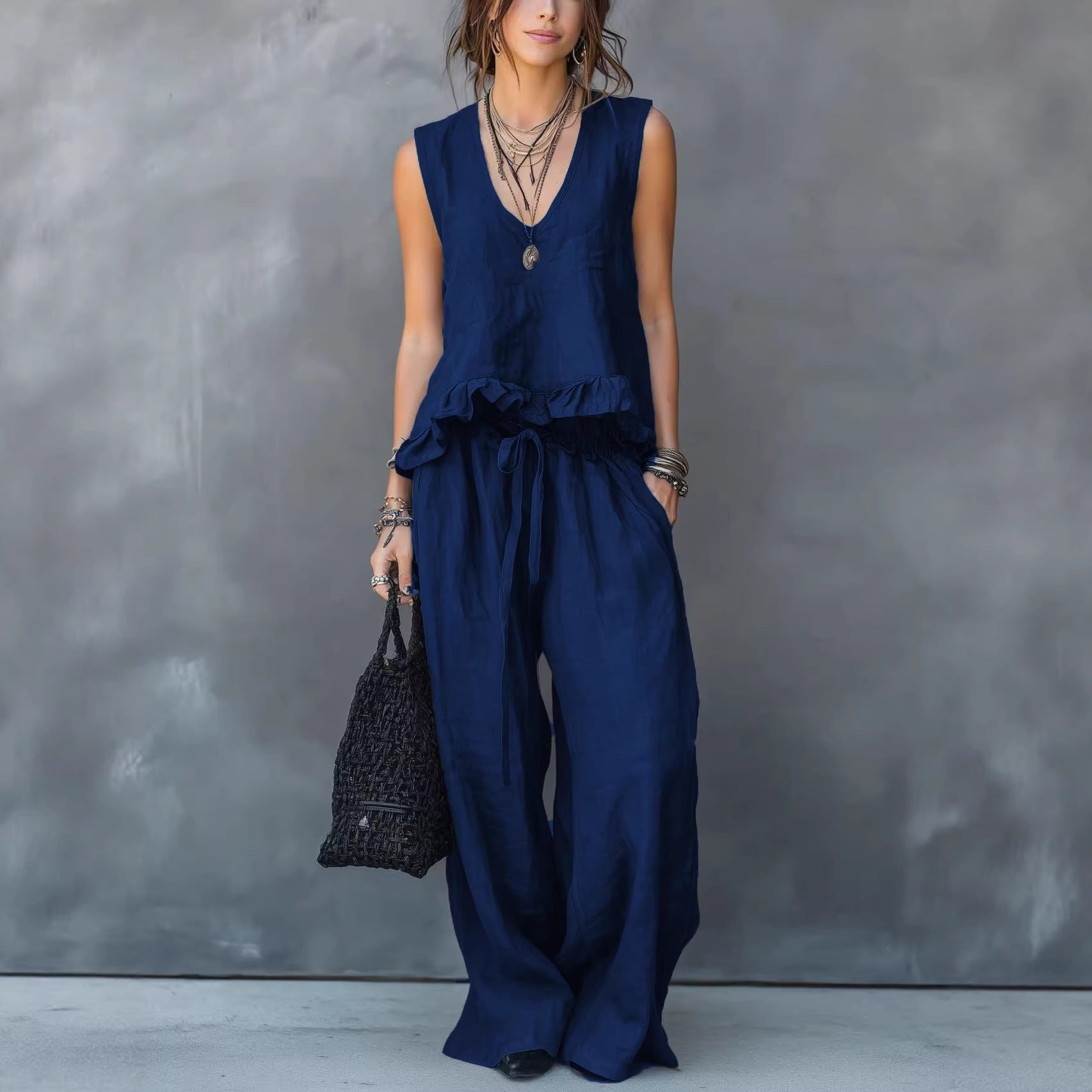 Women's V-Neck Sleeveless Ruffle Hem Casual Cover Up Top Loose Flowy Summer Vacation Outfit - Seldom Seen Styles