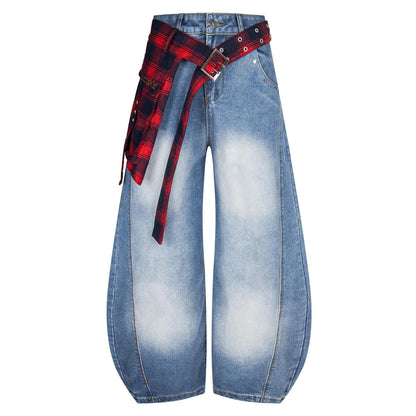 Embroidered Plaid Wide Leg Jeans Back Flap Washed Denim Loose Fit Clean Fit High Street Couple Casual Streetwear | Flap Wide Jeans