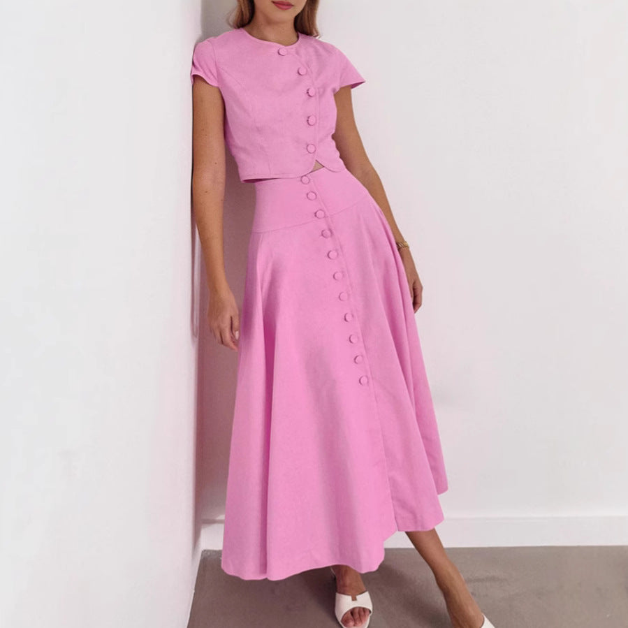 Women's Pink Two Piece Skirt Set Elegant Crop Top and High Waist Maxi Skirt Outfit - Seldom Seen Styles