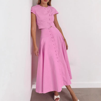 Women's Pink Two Piece Skirt Set Elegant Crop Top and High Waist Maxi Skirt Outfit