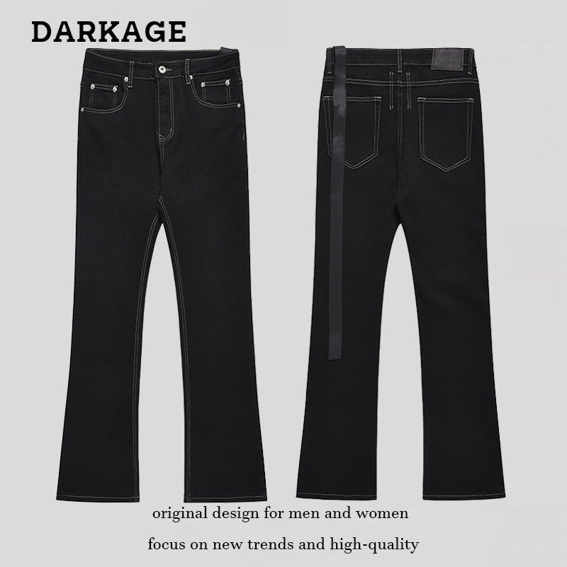 DARKAGE Contrast Stitch Flared Denim Jeans with Ribbon