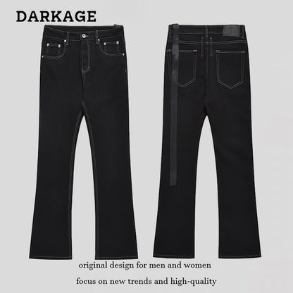 DARKAGE Contrast Stitch Flared Denim Jeans with Ribbon