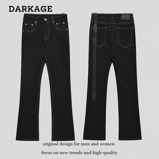 DARKAGE Contrast Stitch Flared Denim Jeans with Ribbon