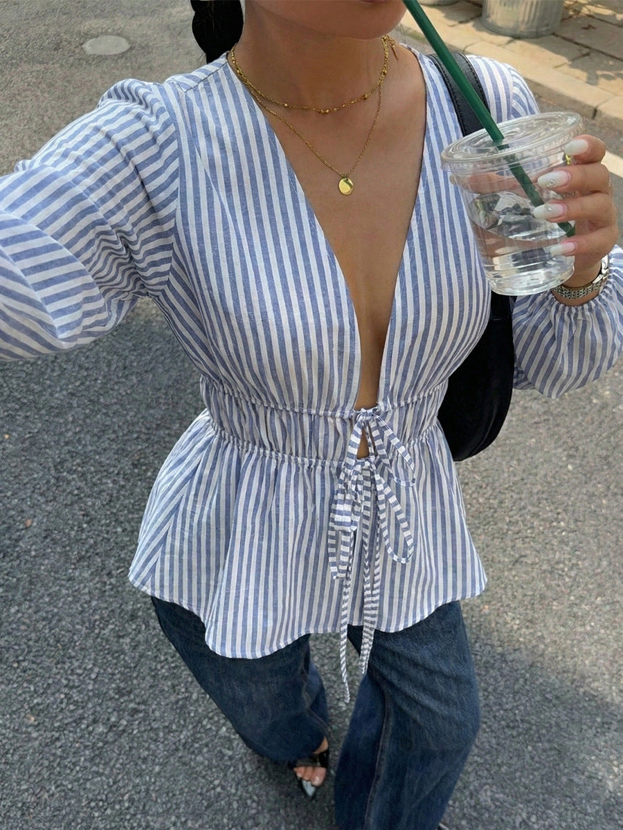 Women's Blue Striped Long Sleeve Tie Blouse Elegant Crew Neck Loose Fit Polyester Casual Vacation Spring Summer Office Work Blouse Top - Seldom Seen Styles