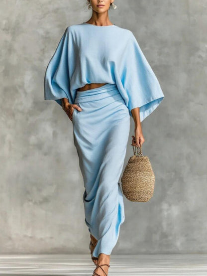 Women's Linen Blend Batwing Sleeve Top and Maxi Skirt Set Elegant Two Piece Matching Outfit
