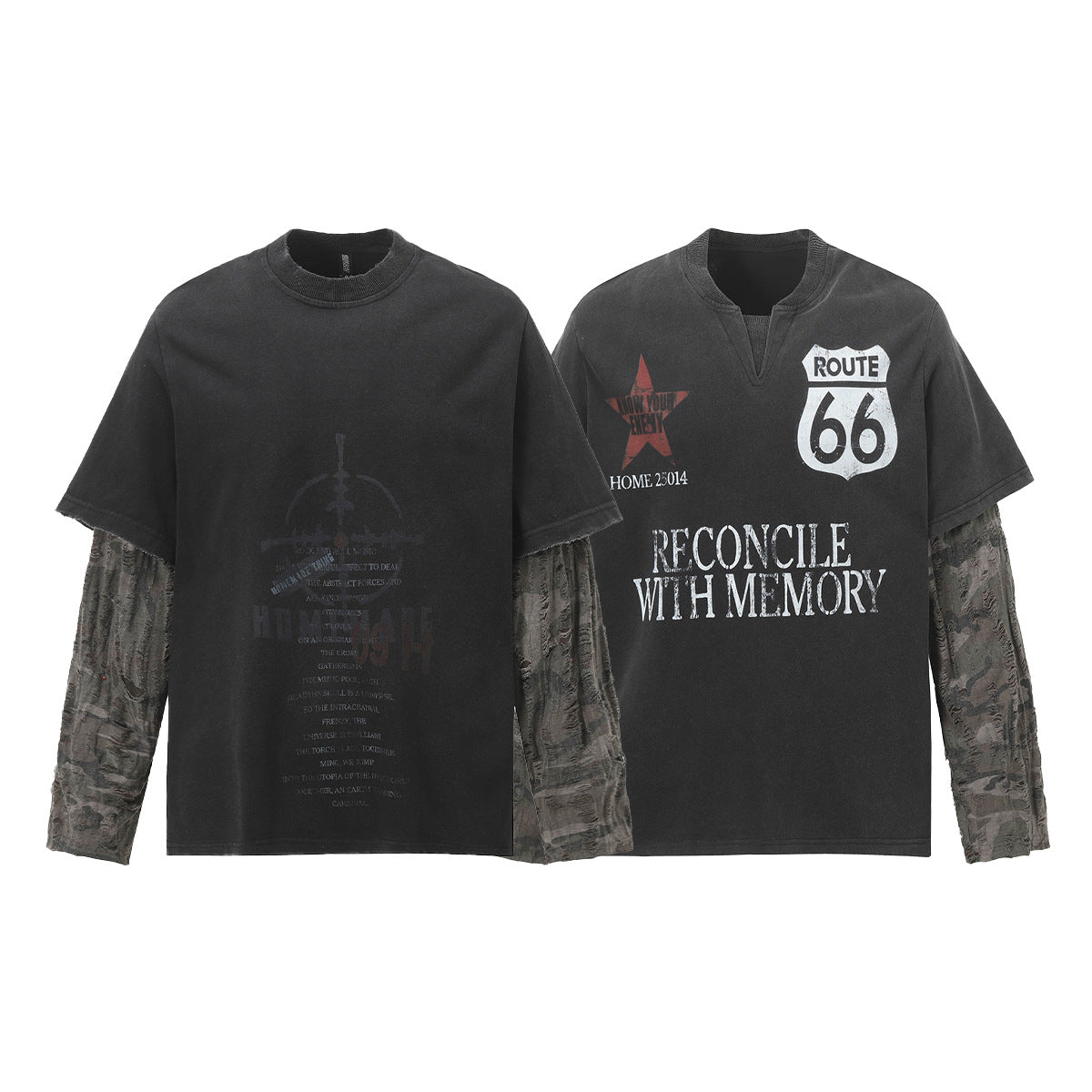 Faux Two-Piece Distressed Camo Sleeve Long Sleeve Tee - Washed Black