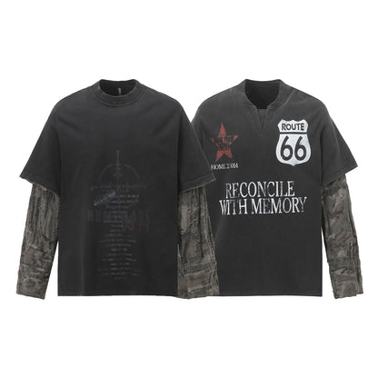 Faux Two-Piece Distressed Camo Sleeve Long Sleeve Tee - Washed Black