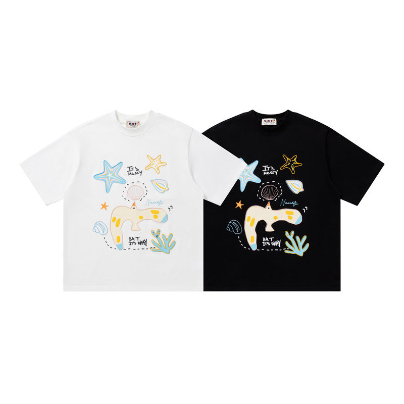 Ocean Doodle Graphic Oversized T-Shirt Short Sleeve Crew Neck Casual Summer Streetwear Tee | Ocean Doodle Tee