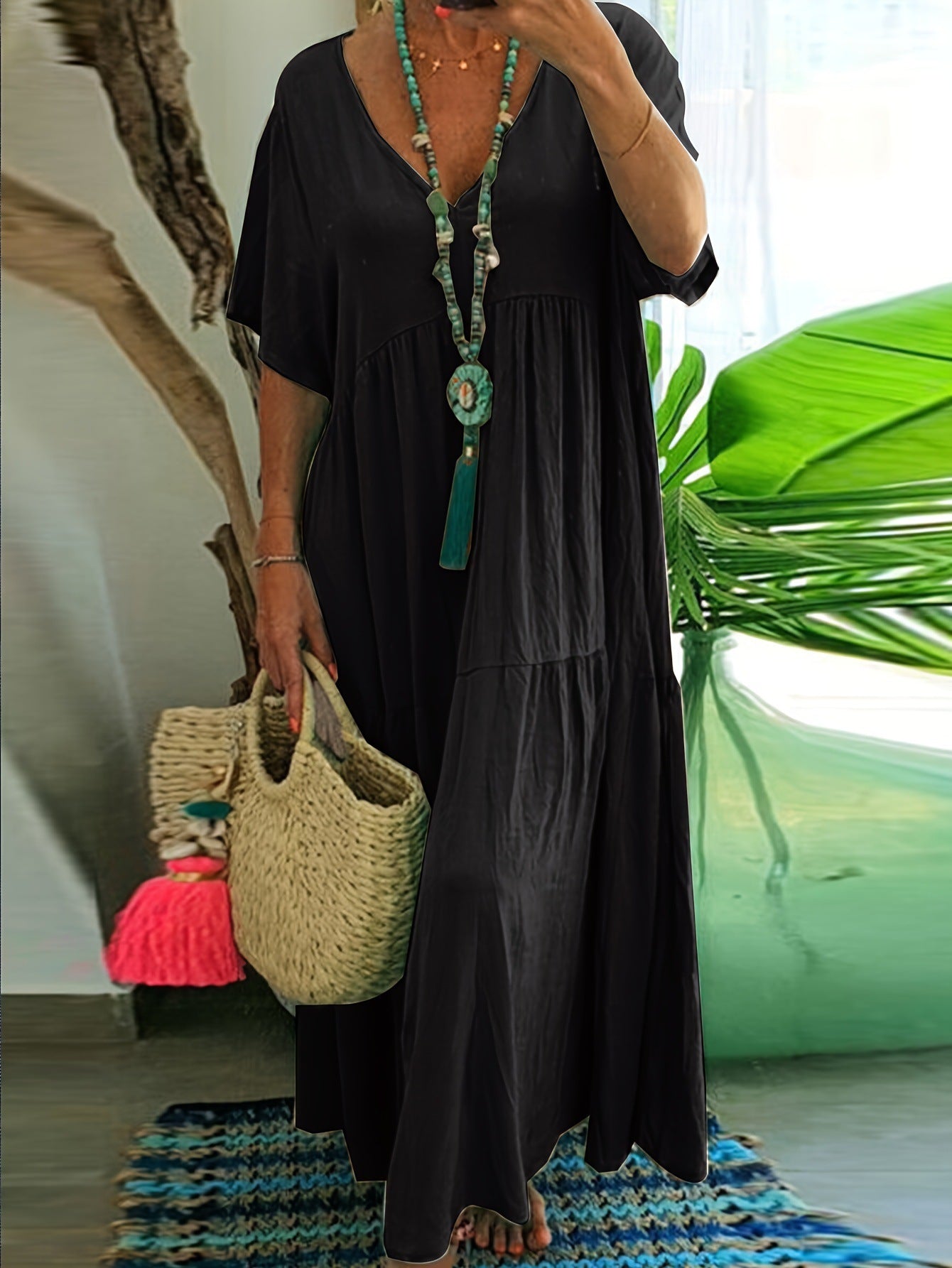 Women's Solid Color Loose V-Neck Short Sleeve Big Swing Maxi Dress Summer Casual Vacation Outfit Plus Size - Seldom Seen Styles